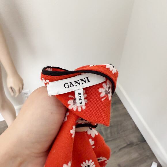 [Ganni] Silvery Crepe V-Neck Floral Print Wrap Red Apple Maxi Dress Size Large L - Picture 11 of 14